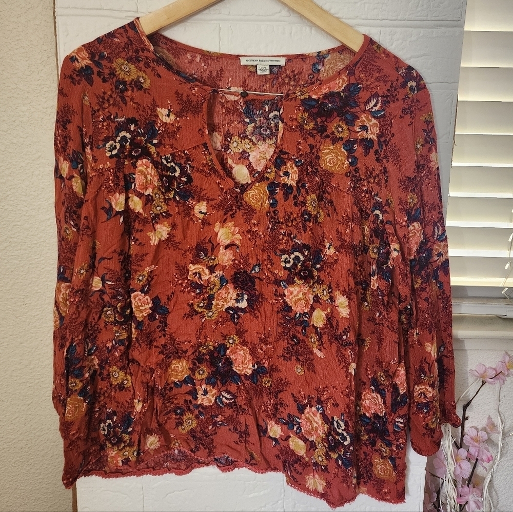 AE Floral 3/4 Sleeve Boho Blouse - Rust & Multicolor - Large - Picture 4 of 13